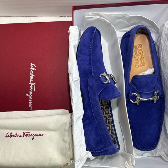 SALVATORE FERRAGAMO DRIVER LOAFER GANCINI ORNAMENT BLUE SUEDE SZ 9.5 E - NEW! - Picture 13 of 16